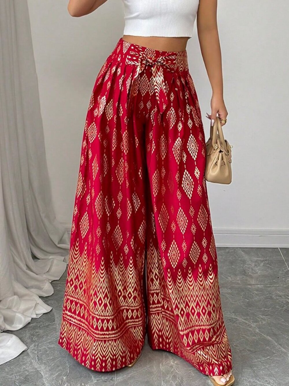 Red Boho Women's Wide Leg Casual Long Pants